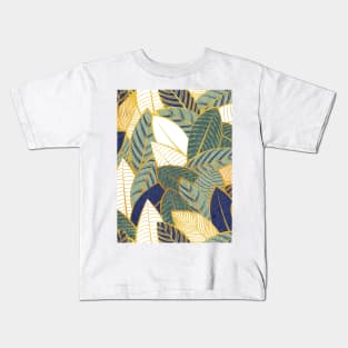 Leaf wall // pattern // navy blue pine and sage green leaves golden lines Kids T-Shirt